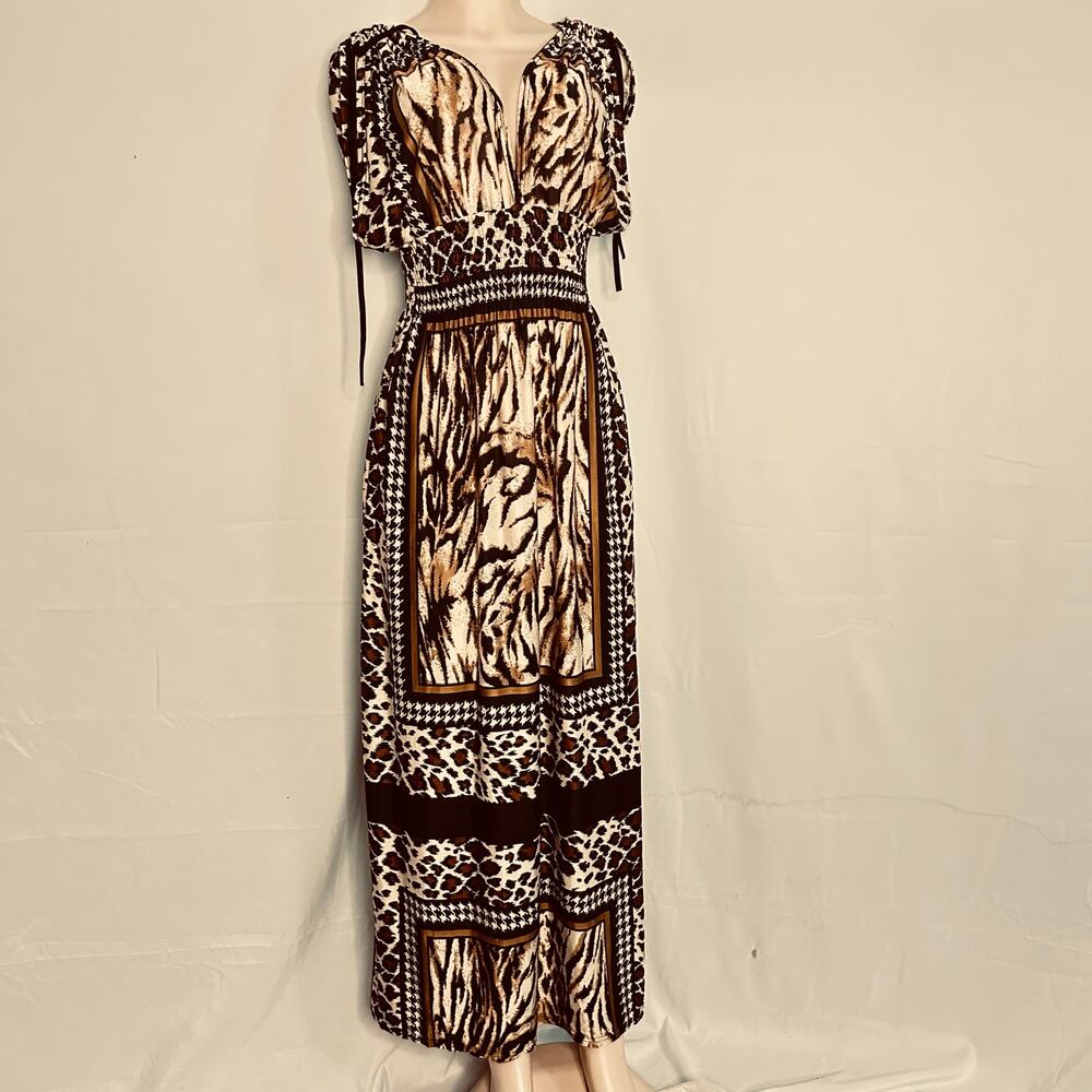 Jessica Taylor NY Animal Print Maxi Dress Boho Smocked Waist  Brown Size L